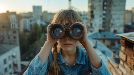 Cute girl of school age on building roof looking in binoculars