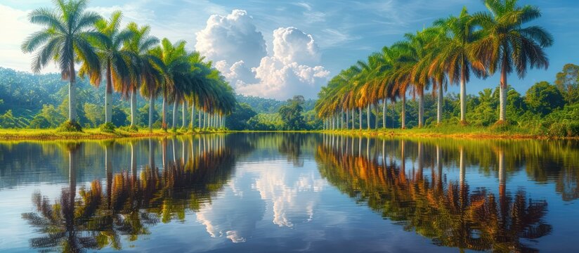 Rows of palm trees reflect in water-filled rice fields