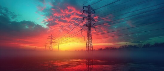 sustainable energy concept high voltage pole with power line transferring electricity from solar photovoltaic for sale at sunrise. - obrazy, fototapety, plakaty