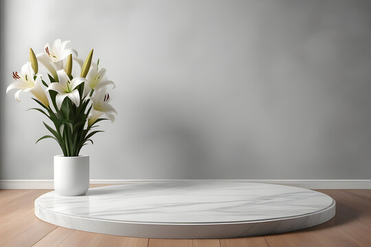 Minimalist podium with Flowers in vase composition background, copy space ,with nature light shadow background.Branding and product presentation. 3d