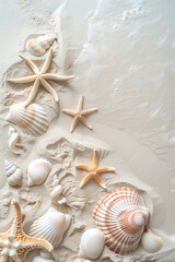Seashells and starfish on sandy beach, perfect natural background for designs