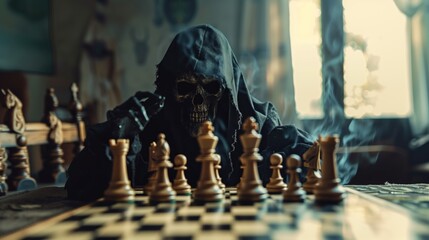 Chess board game concept of business idea, Grim Reaper is playing chess. - obrazy, fototapety, plakaty