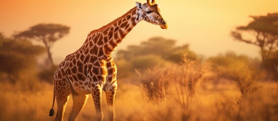 A tall giraffe confidently stands in the middle of a vast field, showcasing its elegant stature and unique markings. The giraffes long legs and neck are prominently displayed against the open - obrazy, fototapety, plakaty