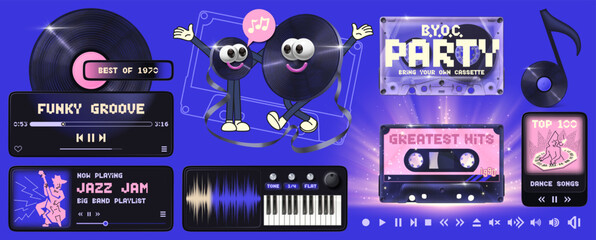Music design elements. Audio player UI template, retro cassette tape mascot, vinyl note symbol, mini player and sound synth sampler user interface vector illustration set © fim.design