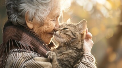 Wrinkled hands, gentle touch, meet soft fur and playful paws. A bond blossoms between elder and kitten, sharing warmth, laughter, and companionship.therapy animals. - obrazy, fototapety, plakaty