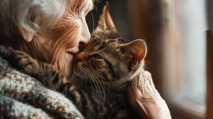 Wrinkled hands, gentle touch, meet soft fur and playful paws. A bond blossoms between elder and...