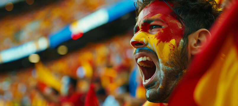 Excited spanish fan with face paint cheering at sports event with blurry stadium