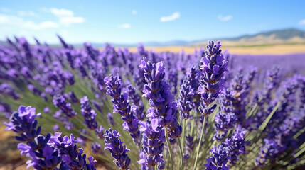 Obraz premium Field of bright blooming purple Lavender flowers in a wide green meadow with clear blue sky and sunny weather
