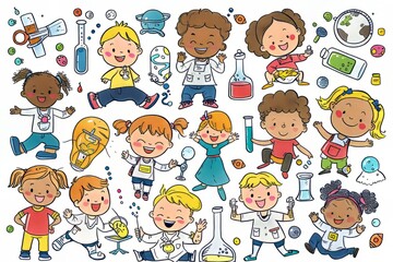 Cartoon cute doodles of kindergarten children participating in a science experiment and making exciting discoveries, Generative AI