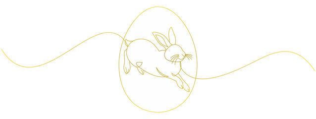 Illustration of a rabbit in an egg, gold outline