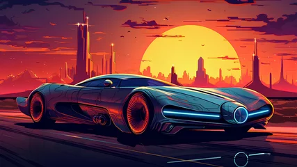Raamstickers The future sport car with landscape and sunset © Darrity
