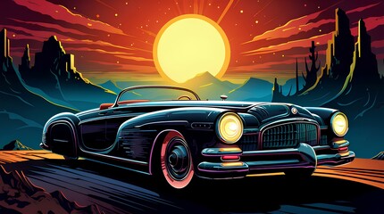 Travel of retro car on the road in the landscape  - obrazy, fototapety, plakaty