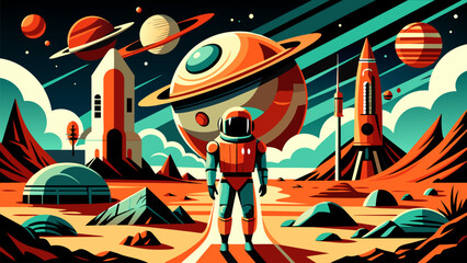 Poster style, space themed, vector illustration drawing of astronaut.