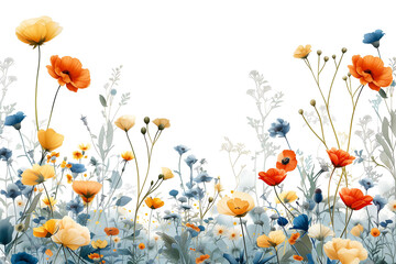 A field of poppy flowers is designed on a white background with copy space for text. Minimalist design. - obrazy, fototapety, plakaty