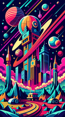 Vector illustration of a space-themed, cyber punk style city.