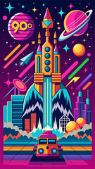 Vector illustration of a space-themed, cyber punk style city.