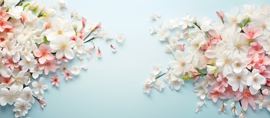 A blue background serves as the backdrop for a variety of pink and white flowers. The flowers are vibrant and eye-catching, creating a natural and floral setting for messaging and advertisements.