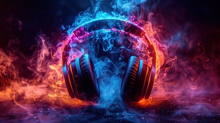 Illustration of headphones shrouded in a halo of thin smoke in the air. - obrazy, fototapety, plakaty