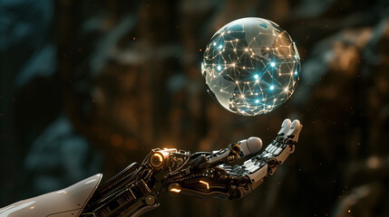 side view of the robot's hand holding a digital ball that floats above its hand. The ball is in the shape of a map and there is an interconnected network on the ball