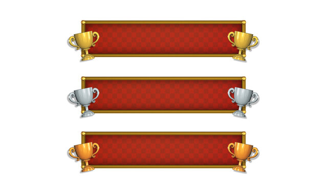 金・銀・銅3種のトロフィーがついた赤ベースのテロップベース・短め・3Dモデル
