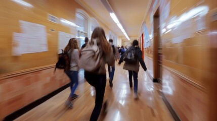 School kids running in elementary school hallway, front view