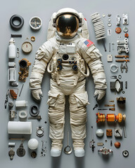 Astronaut image in knolling style on the grey background