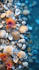 pile of colorful sea shells, small stones and starfish on beach wallpaper created with Generative AI Technology