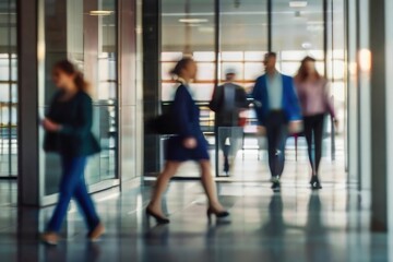 Defocused background of people walking in a modern office building in motion blur