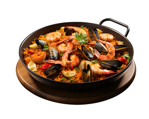 Fototapeta premium Seafood Paella on white and transparent background. Mediterranean diet. Traditional food concept. Flat lay.