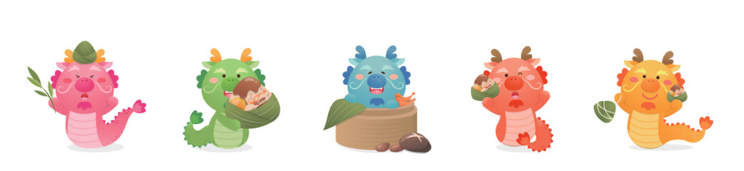 Dragon, zodiac sign and Chinese Dragon Boat Festival, traditional food Zongzi, delicious glutinous rice food, vector illustration set