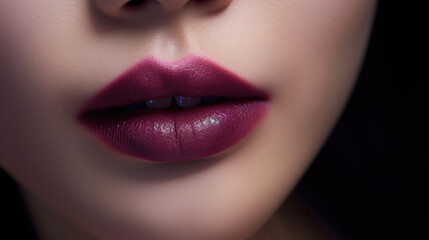 Close-up beautiful Lip glaze in dark berry asian girl color make-up with moist texture contrast of light and shadow on a dark background created with Generative AI Technology