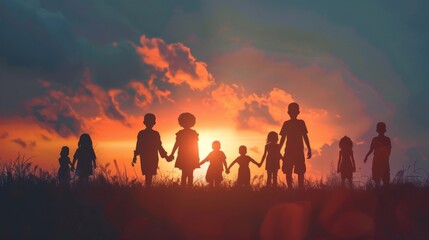 Fototapeta premium Silhouette back refugee kid group.Responsible.Kid child boy and girl worship.World kids day, Pray and worship, Hope, freedom, Diverse, Faith.World refugee day.Juneteenth kid.Friends.Potential unlock.