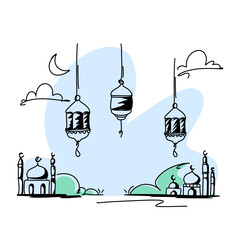 Hand drawn Ramadan Lanterns Doodle Art, Minimalist Home Decor Poster
