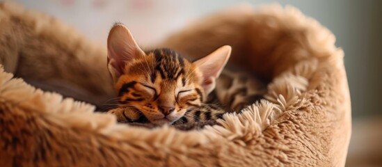 A small Felidae, the kitten, is peacefully sleeping in a comfy fawn-colored cat bed made of natural material, surrounded by soft fur.