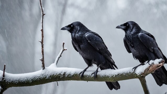 two passerine birds ravens on a tree in winter rain