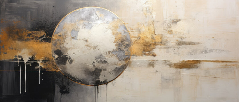Abstract thick paint of gold and black sphere painted on golden and silver in a light white and gray rustic art style created with Generative AI Technology