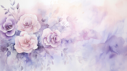 Abstract vintage watercolor wash pastel purple lilac and beige  flat texture with faded white rose flowers edge background created with Generative AI Technology