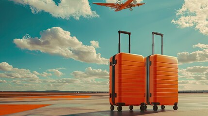 2 valises orange moderne en premier plan avec un ciel bleu et un avion dns le ciel en arriÃ¨re plan   - obrazy, fototapety, plakaty
