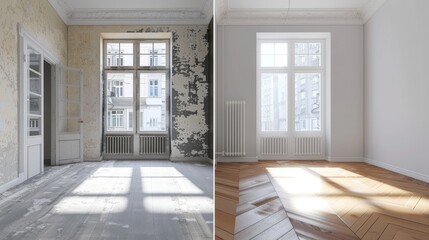 a A4 format split in two parts. The 2 parts show the same interior apartment, same view, same angle.  