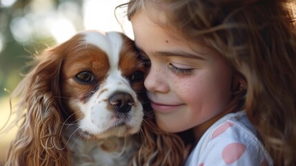 Childhood innocence meets canine companionship, a heartwarming sight that melts the heart.happy times.Cavalier King Charles Spaniel dog.