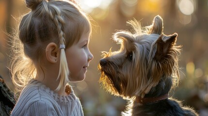 Childhood innocence meets canine companionship, a heartwarming sight that melts the heart.happy times.Yorkshire terrier dog.
