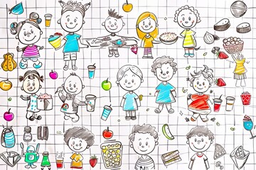 Cartoon cute doodles of kids enjoying healthy snacks and lunches together in the kindergarten cafeteria, Generative AI