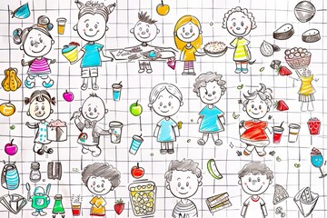 Obraz premium Cartoon cute doodles of kids enjoying healthy snacks and lunches together in the kindergarten cafeteria, Generative AI
