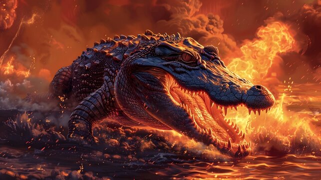 Alligator Swimming in Fiery Water in Apocalypse Style Illustration