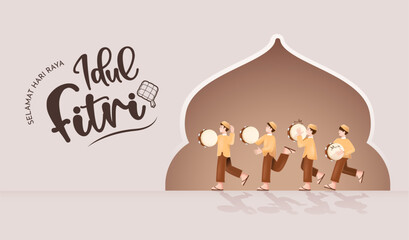 Translation : Happy Eid al Fitr. Moslem Kids Playing Indonesian Drum (Rebana) Celebrating Eid Mubarak Vector Illustration