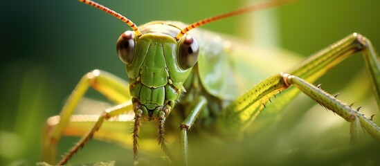 This close-up shot features a grasshopper perched delicately on a green leaf. The intricate details of the grasshoppers body and the texture of the leaf are highlighted in this image.