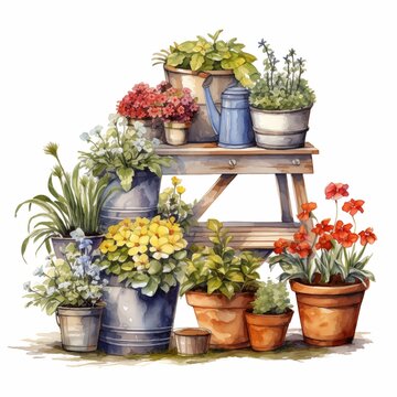 Watercolor flower pot and stand