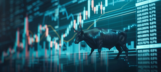 Bull market with rising candlestick charts, trading volatility and recession
