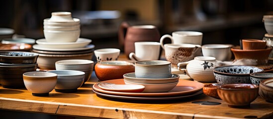 A wooden table is covered with an assortment of white and brown dishes and saucers. The dishes vary in size and shape, creating an interesting visual display.