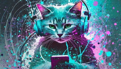 Illustration of a portrait of a cat wearing headphones and holding a smartphone.
